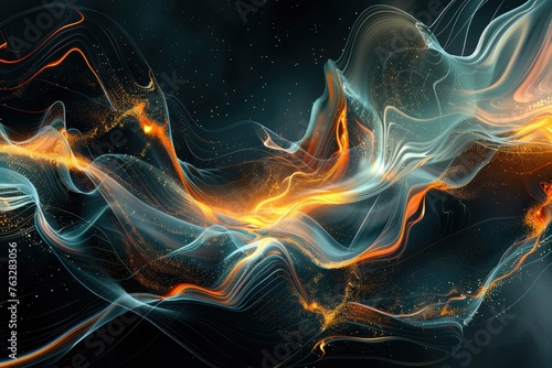 A digital abstract featuring a cascade of glowing, fluid shapes against a dark backdrop,
