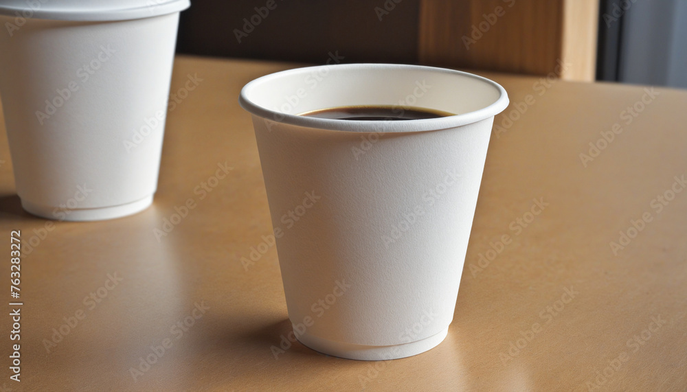 Cardboard or disposable paper cup with eco-friendly coffee on a wooden table in a modern ecofriendly coffee shop