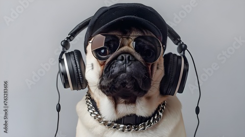A pug with accessories in a stylish image on an isolated background looks like a real star among the dog world, attracting attention with its unusual appearance.