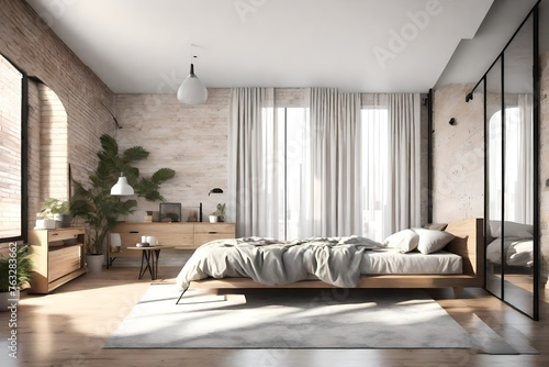 Dark grey yoga mat and strap in empty room. Sport and fitness accessory for practice, exercising in home interior with parquet floor, panoramic window. © Abdul Haseeb