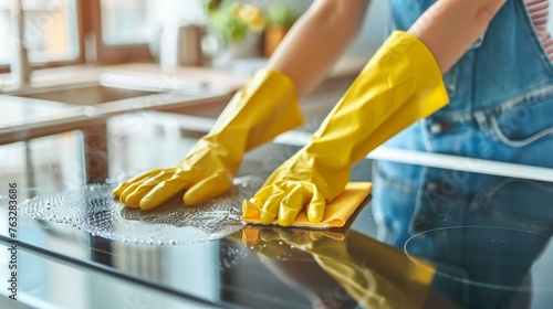 Close-up of Woman in Yellow Gloves Cleaning Kitchen at Home