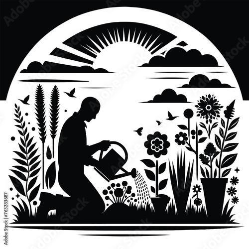 Person Watering Plants in a Garden