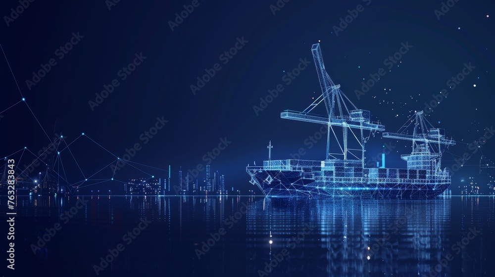 Trade port low poly wireframe banner template. Digital modern cargo ...