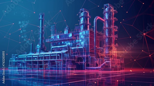 Wireframe banner template representing oil production and pipeline. Polygonal illustration of a naphtha refinery and plant equipment. photo