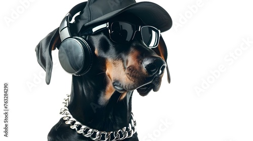 Doberman in sunglasses, cap and headphones on a white background looks stylish and confident, demonstrating his personality and charisma.