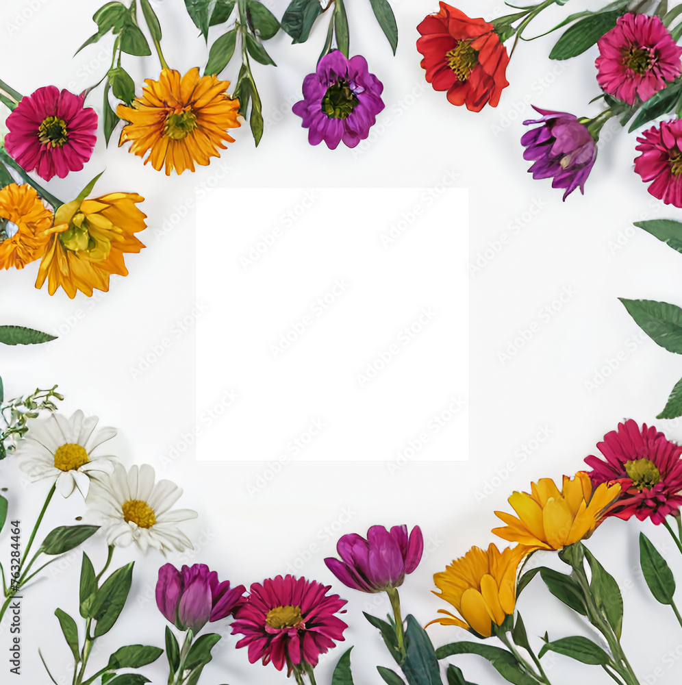 Spring mockup. Frame of flowers on a white background with free white copy space Spring mockup. Frame of flowers on a white background with free white copy space