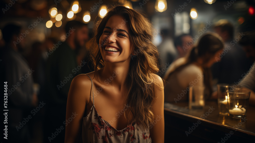 young woman in a summer dress having fun on a night out. woman in night club
