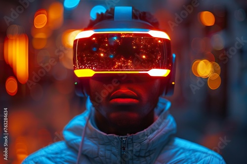 A young man wearing VR headset, playing with his goggles in a futuristic cyber world - Virtual reality,