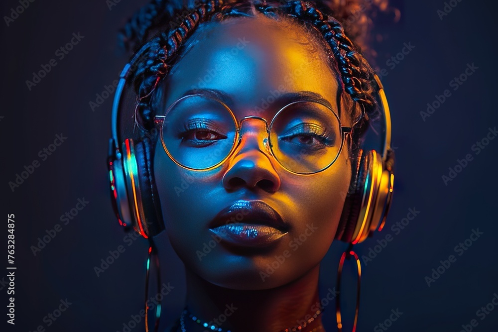 African woman wearing headphones, enjoying music flow, feeling emotions in vibrant color vibes,