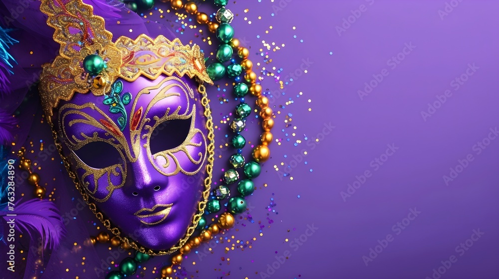 Colorful Mardi Gras Carnival Mask and Beads Resting on Vibrant Purple Background with Ample Copyspace for Tex