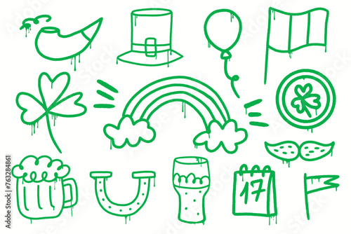 Set graffiti clip art. Y2k Urban street style. St. Patrick's day elements.Collection of symbols, beer mug, horseshoe, smoking pipe, mustache, shamrock . Splash effects and drops. Grunge and spray.