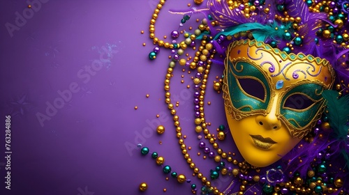 Colorful Mardi Gras Carnival Mask and Beads Against Vibrant Purple Background with Space for Text
