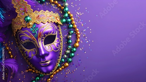 Colorful Mardi Gras Carnival Mask and Beads Resting on Vibrant Purple Background with Ample Copyspace for Tex photo