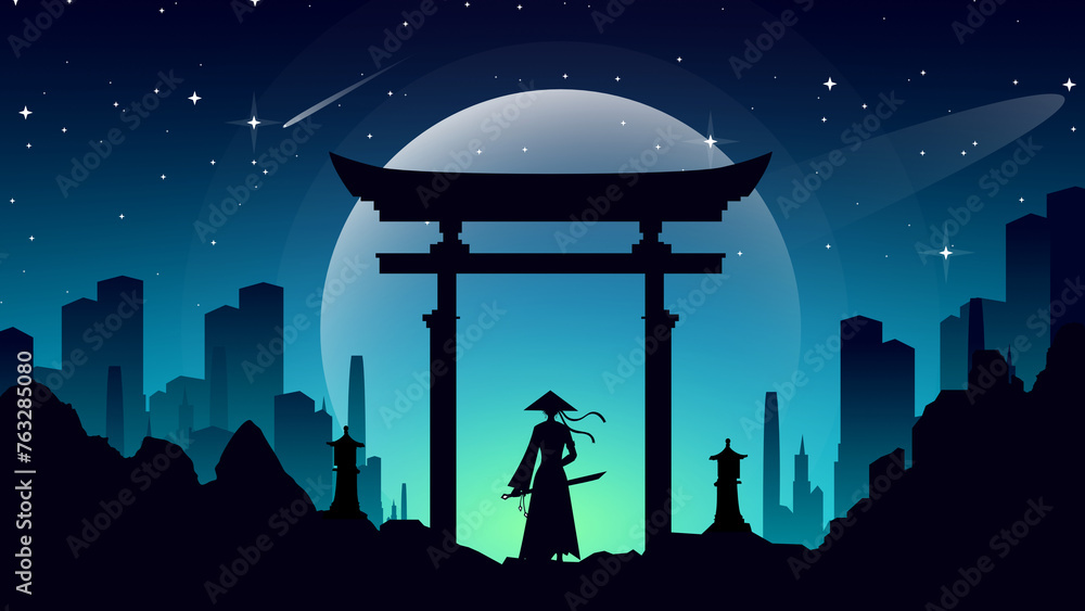 Fototapeta premium samurai anime wallpaper. japanese samurai with Torii gate background. samurai girl wallpaper. lady fighter with a sword. samurai girl illustration. 