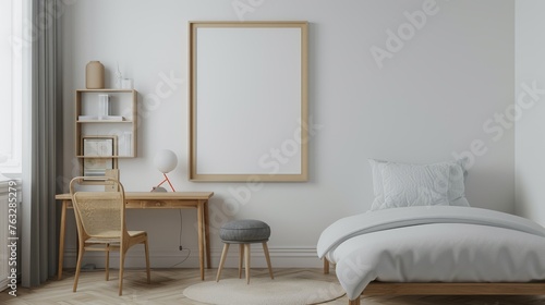 Fototapeta Naklejka Na Ścianę i Meble -  frame mockup in minimalist bedroom interior design, 3d rendering, 3d illustration
