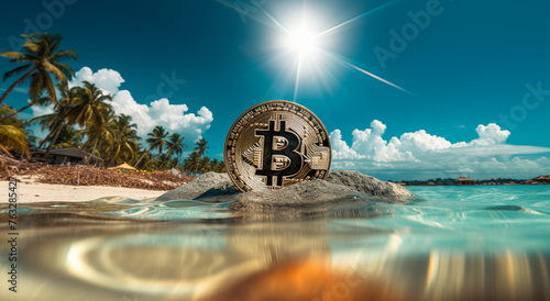 Bitcoin on Tropical Beach Illustrating Financial Freedom and Cryptocurrency Concept 