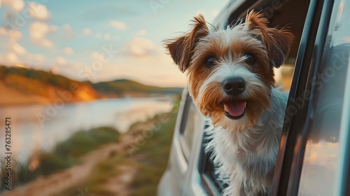 Happy dog enjoying the breeze and scenery as it sticks its head out of a car window. Concept Pet Photography, Outdoor Adventure, Happy Moments, Car Ride, Animal Joy © Anastasiia