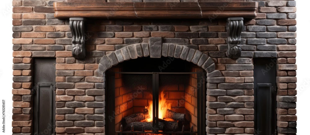 Fototapeta premium A fireplace in the center of a brick building provides warmth and ambiance with wood or gas, surrounded by brickwork and a decorative arch