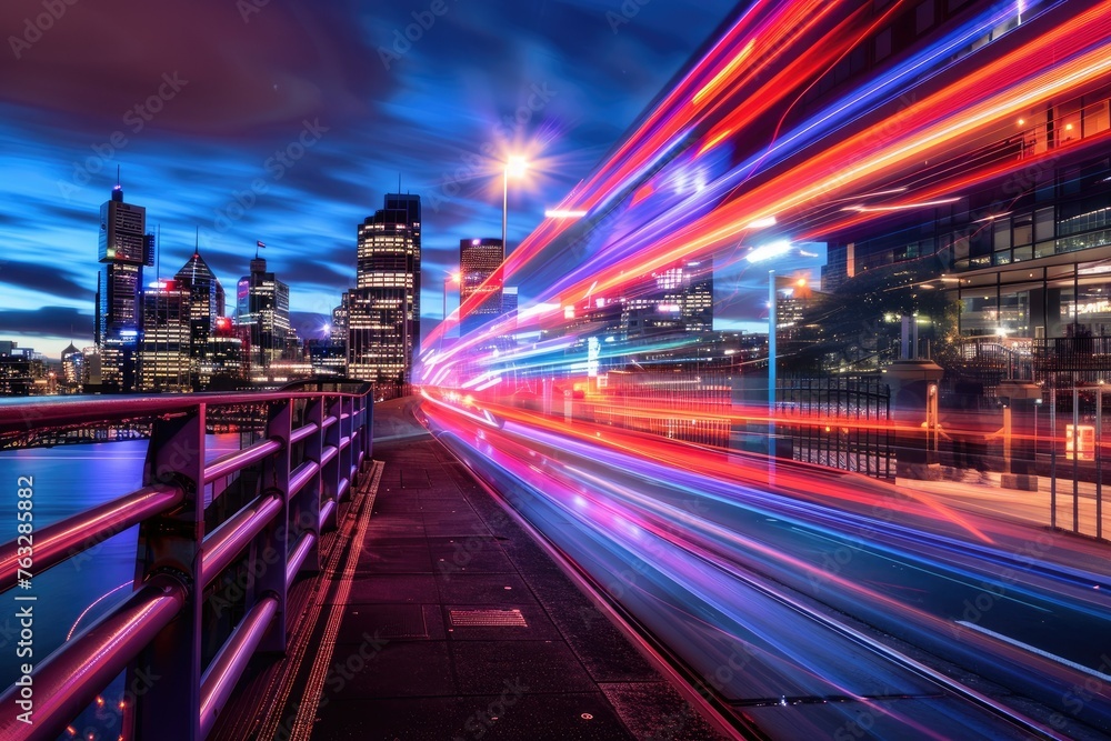 Dynamic light trails captured with long exposure, creating a sense of motion and energy,