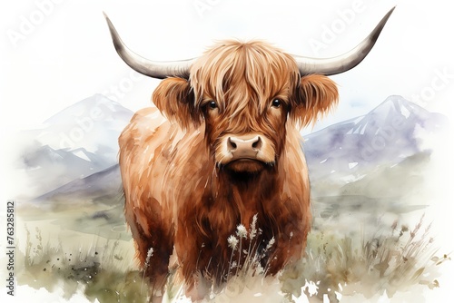 Watercolor Highland Cow Clipart on White Background photo