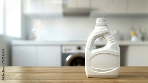 Laundry Supplies on Wooden Table with Washing Machine and Detergent