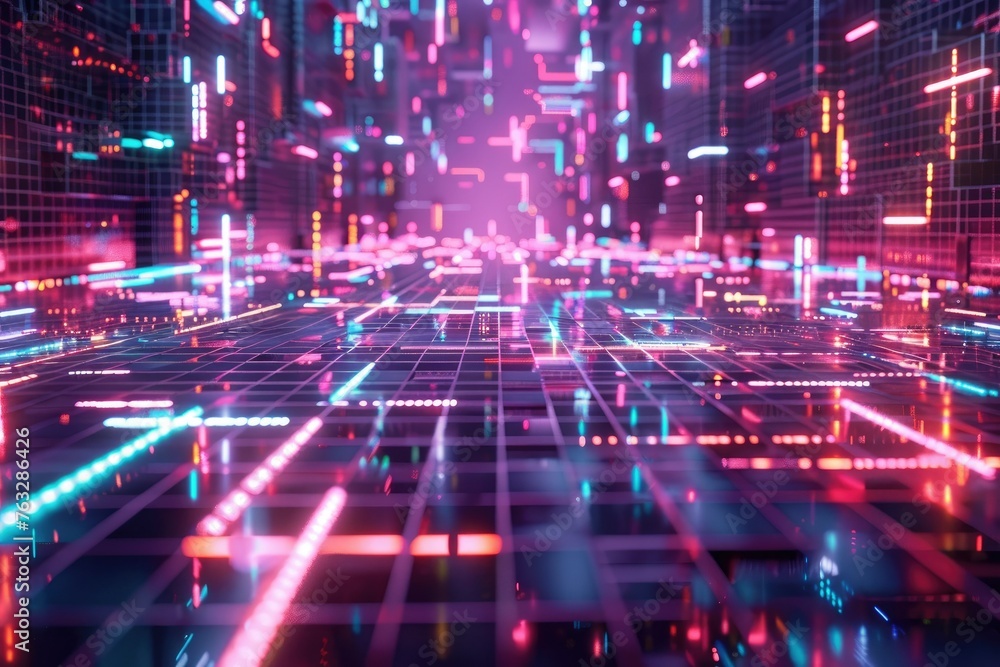 Neon grid landscape, reminiscent of retro-futuristic aesthetics from the 1980s,