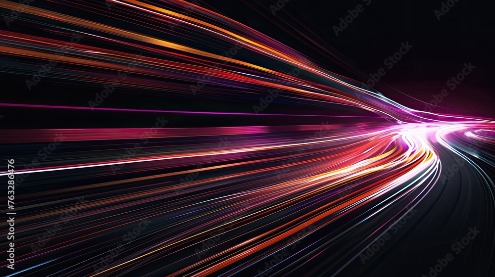 Neon light trails against a dark background, forming an abstract network of lines,
