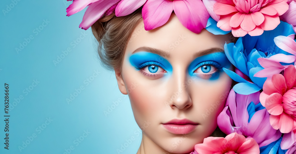 A woman with blue eyes and pink and purple flowers on her head