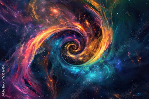 Swirling galaxy patterns with vibrant colors against a dark cosmic background,
