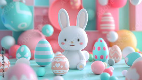 A cute cartoon bunny surrounded by a variety of pastel-colored Easter eggs on a festive background.