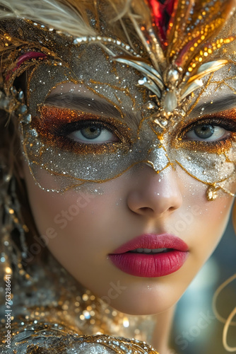 Woman with gold makeup on her eyes and nose and red lip.