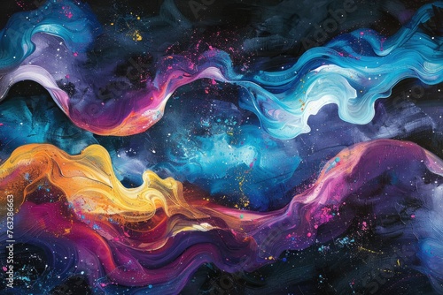 Swirling galaxy patterns with vibrant colors against a dark cosmic background,