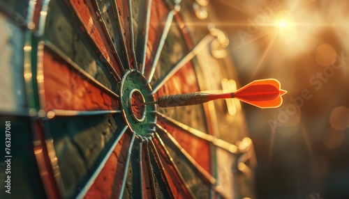 Dart arrow on dart board background hitting target concept by AI generated image