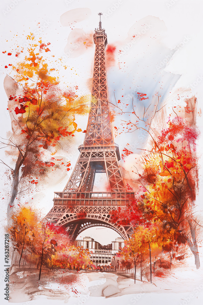 Autumnal Eiffel Tower Enveloped in Warm Hues and Rustic Charm