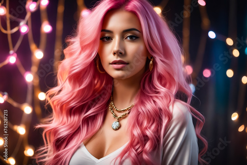 A woman with long pink hair and a gold necklace. She is standing in front of a lighted background