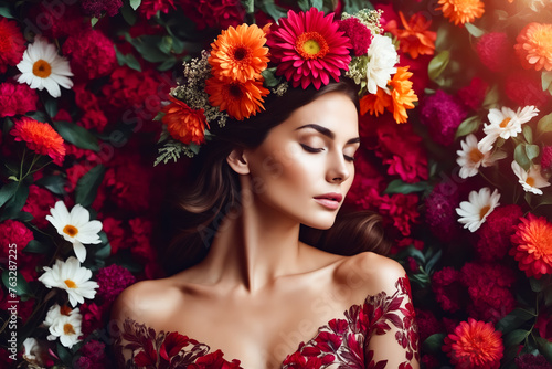 A woman is lying in a bed of flowers, wearing a flower crown. The flowers are of various colors, including red, orange, and white. Concept of relaxation and beauty