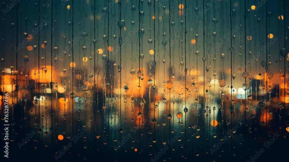Rain drops streak down a window, distorting the cityscape in the background. The urban buildings and streets are visible through the water droplets, creating a moody . Banner. Copy space