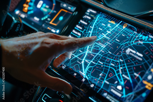 Close-up of a Hand Interacting with Advanced Car Navigation Touchscreen System photo