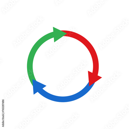 Three simple arrows in circular motion. Semicircular double arrows rotate. Following each other in a circle. Vector symbol.