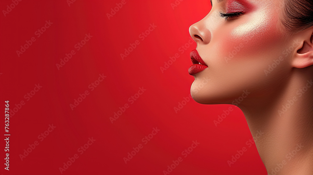Beauty and cosmetics skincare advertising concept. Red background. with empty copy space Beauty and cosmetics skincare advertising concept. Red background. with empty copy space