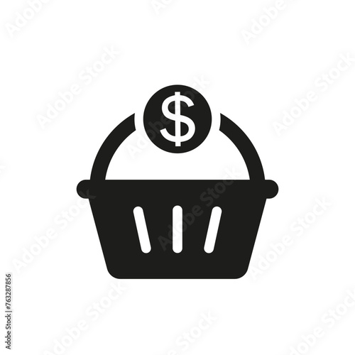 Shopping basket icon with dollar and money symbol. Vector silhouette. 