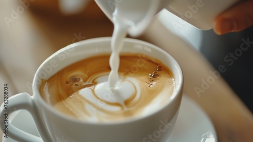 Man pours milk foam into a cup of espresso, the milk creates a multi-layered effect
