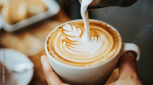 Man pours milk foam into a cup of espresso, the milk creates a multi-layered effect