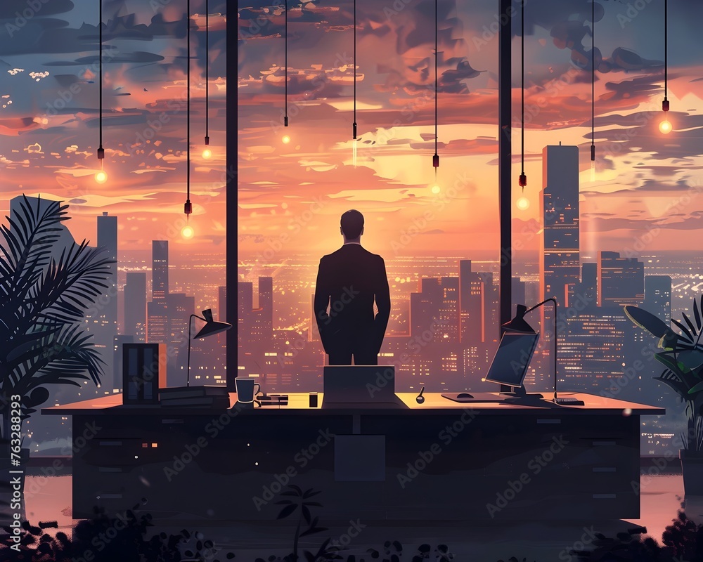 Determined CEO Overlooking Futuristic City Skyline From High-Rise Office Window During Dramatic Sunset - obrazy, fototapety, plakaty 