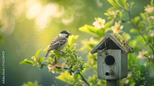 Small bird sitting peacefully at the entrance to a wooden birdhouse