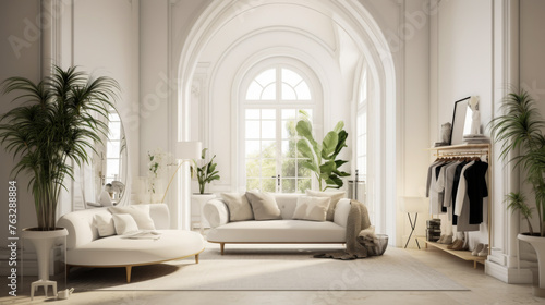 A large, open living room with a white couch and a white chair. A potted plant is in the corner of the room. The room is well-lit and has a clean, modern feel © Bouchra