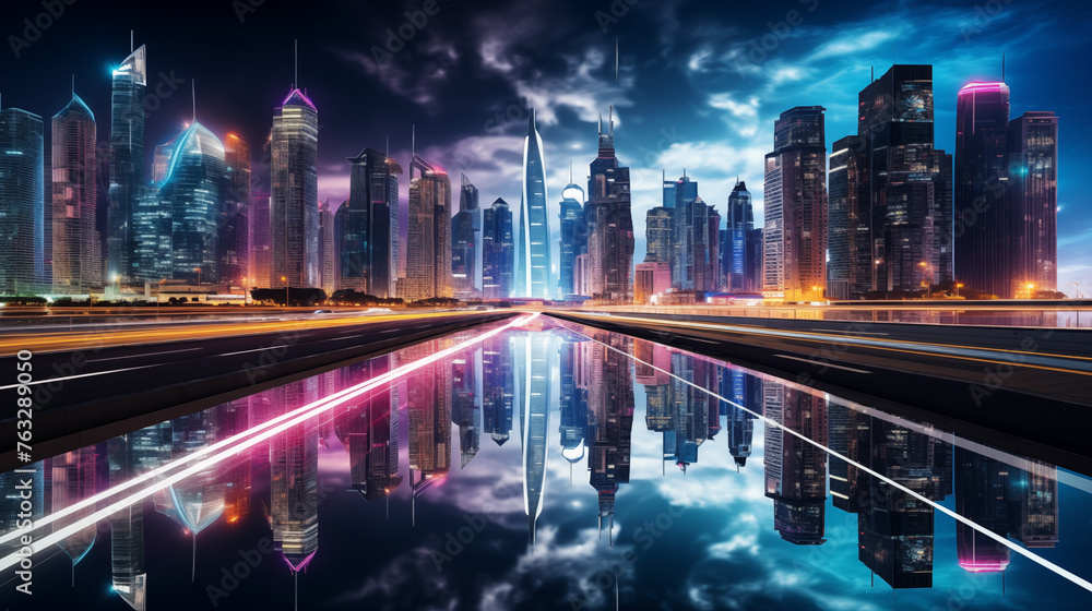 Futuristic Cityscape with Symmetrical Reflections
