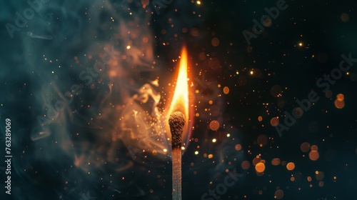 Burning match with a bright flame on a dark abstract background with sparks