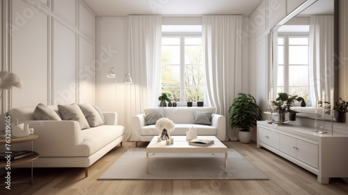 A living room with a white couch  coffee table  and potted plants. The room has a clean and minimalist design  with white walls and furniture. The sunlight coming in through the windows creates a warm