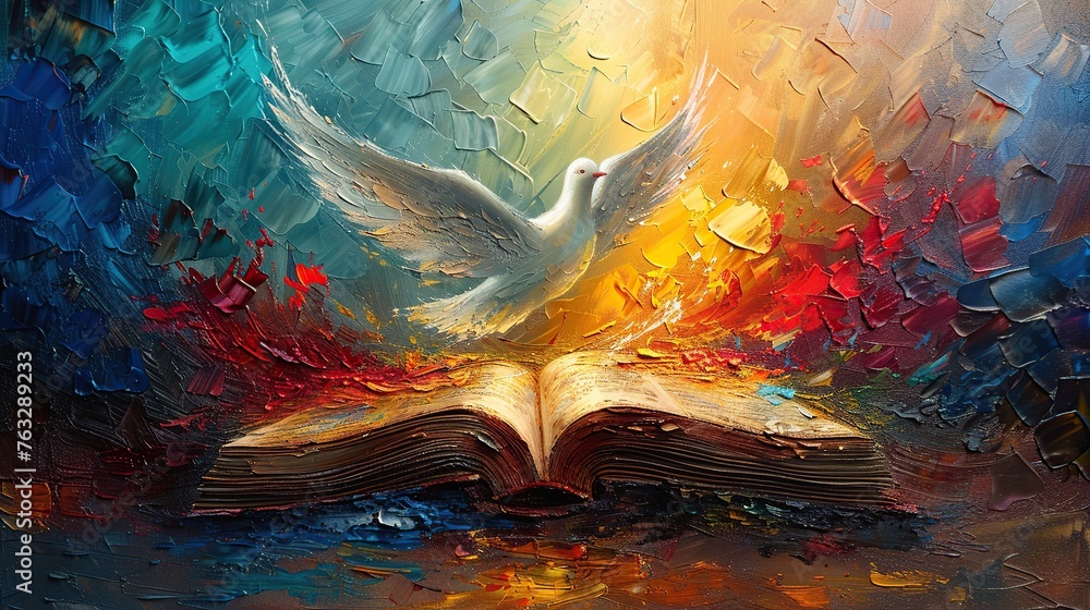watercolor painting of the holy spirit flying over the Bible - obrazy, fototapety, plakaty 